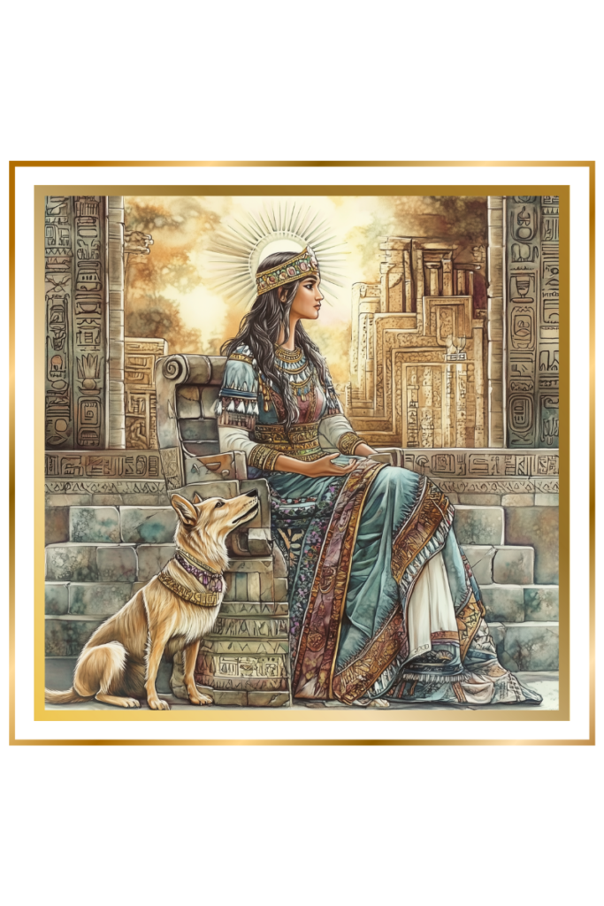 Gatumdug, the ancient mother goddess, sits on a stone throne with a loyal dog by her side. The scene features Sumerian inscriptions and a glowing eight-rayed orb, symbolizing her wisdom and divine connection to Gula.