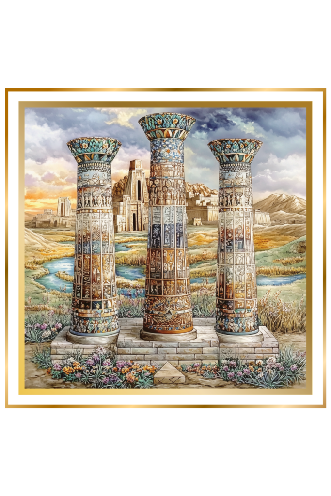 Three ornate stone pillars with ancient Sumerian inscriptions stand in a serene landscape, symbolizing the sacred cities of Lagash, NINA, and Girsu. The background features temple ruins and flowing water under a dawn sky.