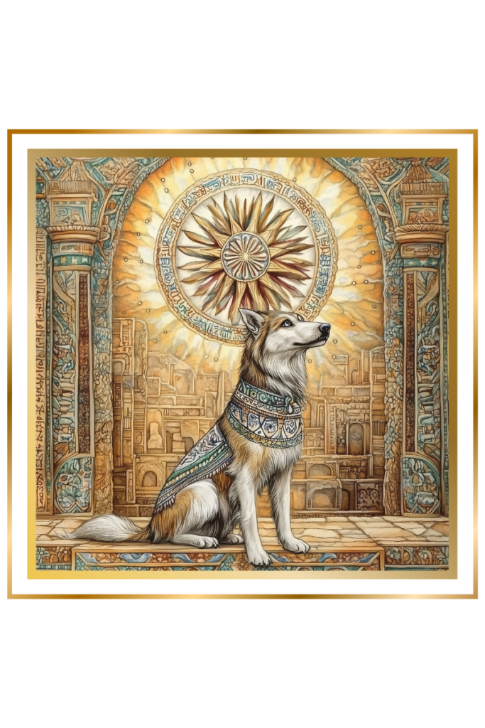 A loyal dog adorned with intricate patterns sits before a glowing eight-rayed orb, symbolizing Gatumdug’s divine connection to Gula. The background features ancient Sumerian temple etchings, creating a serene and mystical atmosphere.