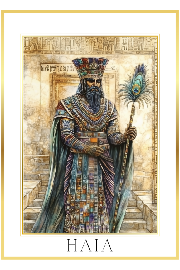 Haia, the Babylonian god of scribal arts, stands regally in Mesopotamian robes, holding an ancient writing tool with peacock feather motifs, surrounded by etched stone inscriptions.