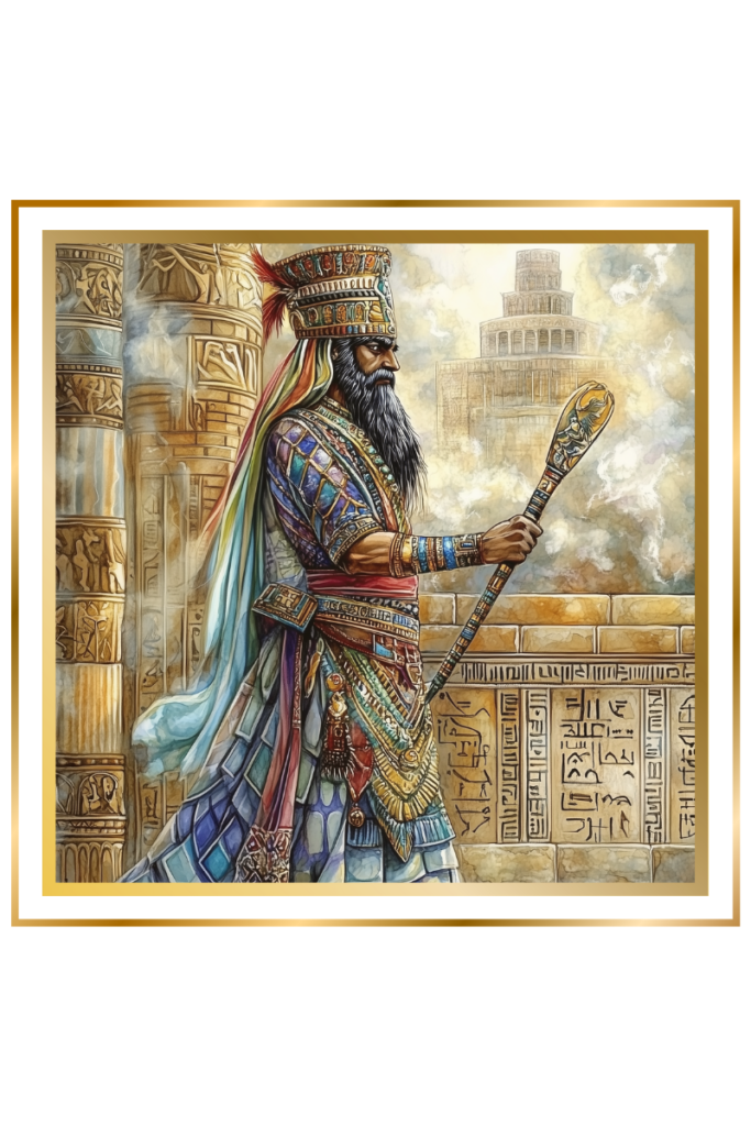 Haia, the Babylonian god of scribal arts, stands in Mesopotamian robes, holding a stylized writing tool, with ancient script and a ziggurat in the background.