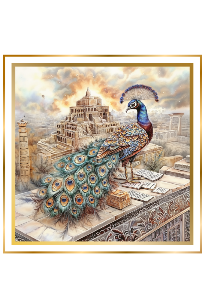 A vibrant peacock stands amidst ancient Mesopotamian architecture, surrounded by scrolls and clay tablets, with the temple of Aššur in the background.