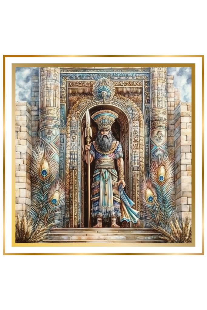 Haia, the Sumerian door-keeper god, stands at the entrance of a grand temple holding a writing implement, surrounded by grain and peacock feather motifs.