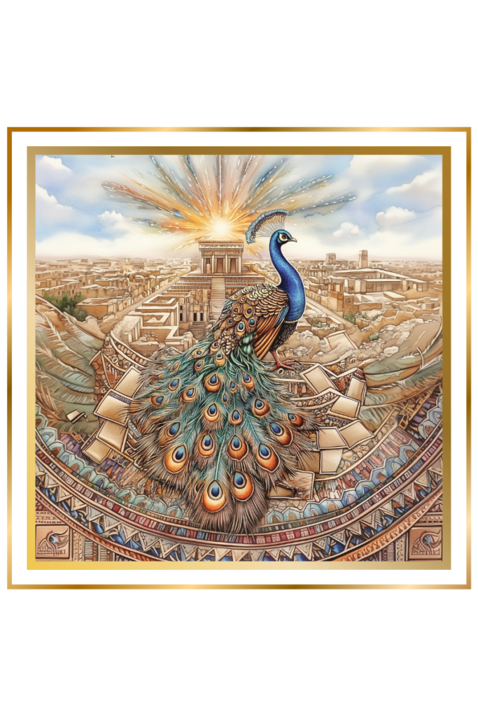 A vibrant peacock with fanned feathers stands amidst ancient Mesopotamian architecture, surrounded by scrolls and clay tablets, with the temple of Aššur in the distance.