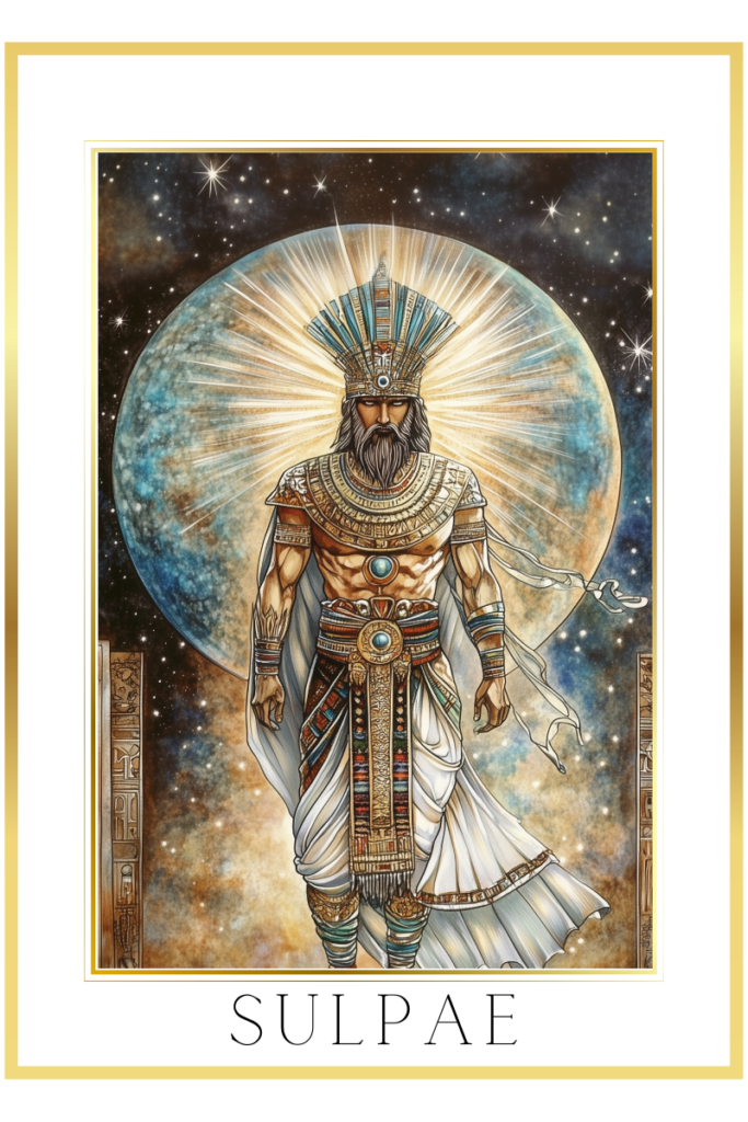 Sulpae, the Sumerian god, standing tall with a radiant glow, surrounded by stars and the planet Jupiter in the background.