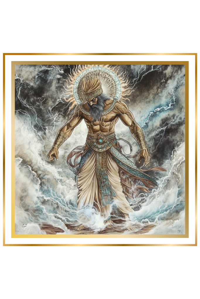 Sulpae as Lugaludda, the lord of demons, standing under stormy skies with dark energy swirling around him.