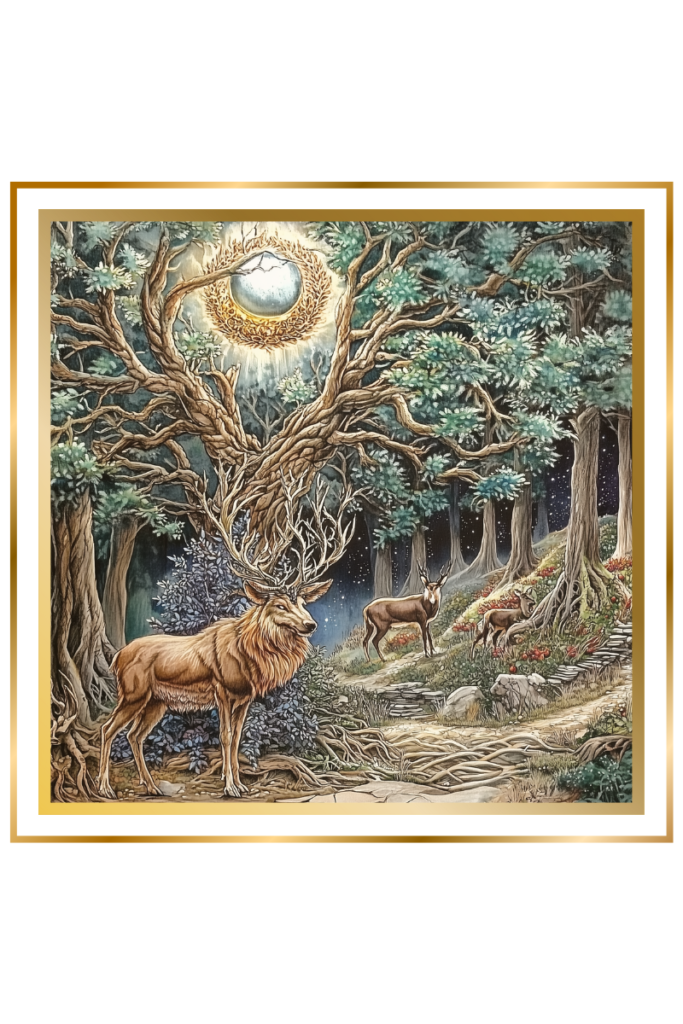 Majestic stags in an ancient forest with a glowing moon symbolizing Sulpae’s connection to wild animals and nature.