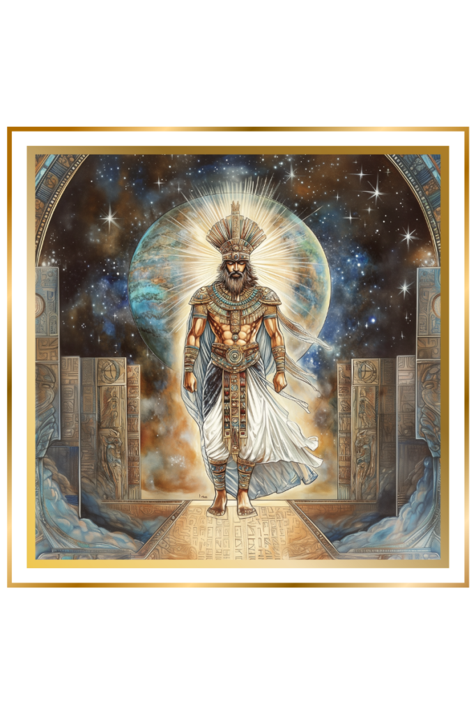 Sulpae Sumerian god, standing tall and radiant with Jupiter in the background and stars surrounding him.