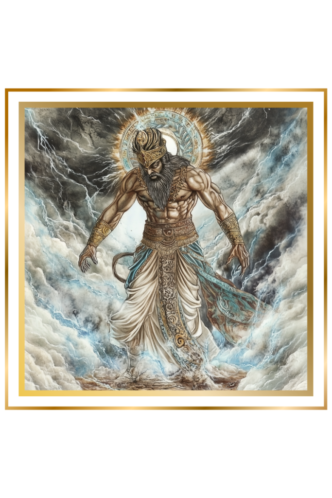 Sulpae as Lugaludda, the lord of demons, standing beneath dark stormy skies with fierce energy radiating around him.