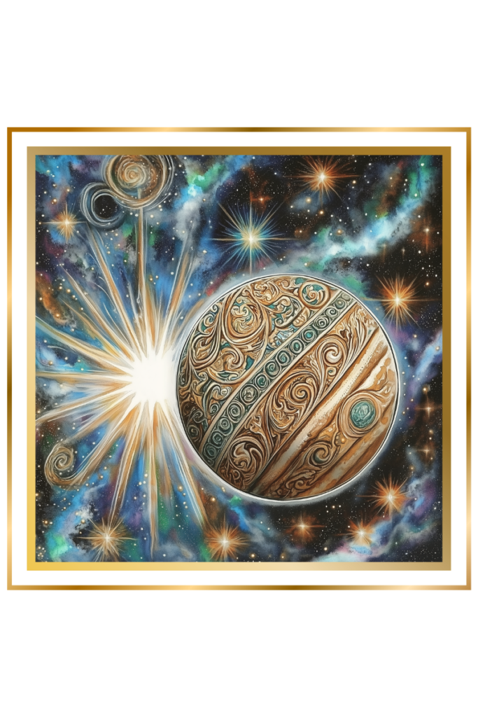 Radiant depiction of Jupiter with intricate patterns, surrounded by glowing stars and swirling cosmic light, symbolizing Sulpae’s celestial power.