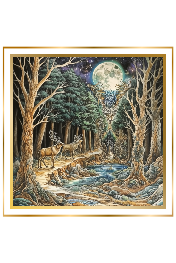 Majestic stags in a mystical forest under a glowing moon, symbolizing Sulpae’s connection to wild nature and celestial power.