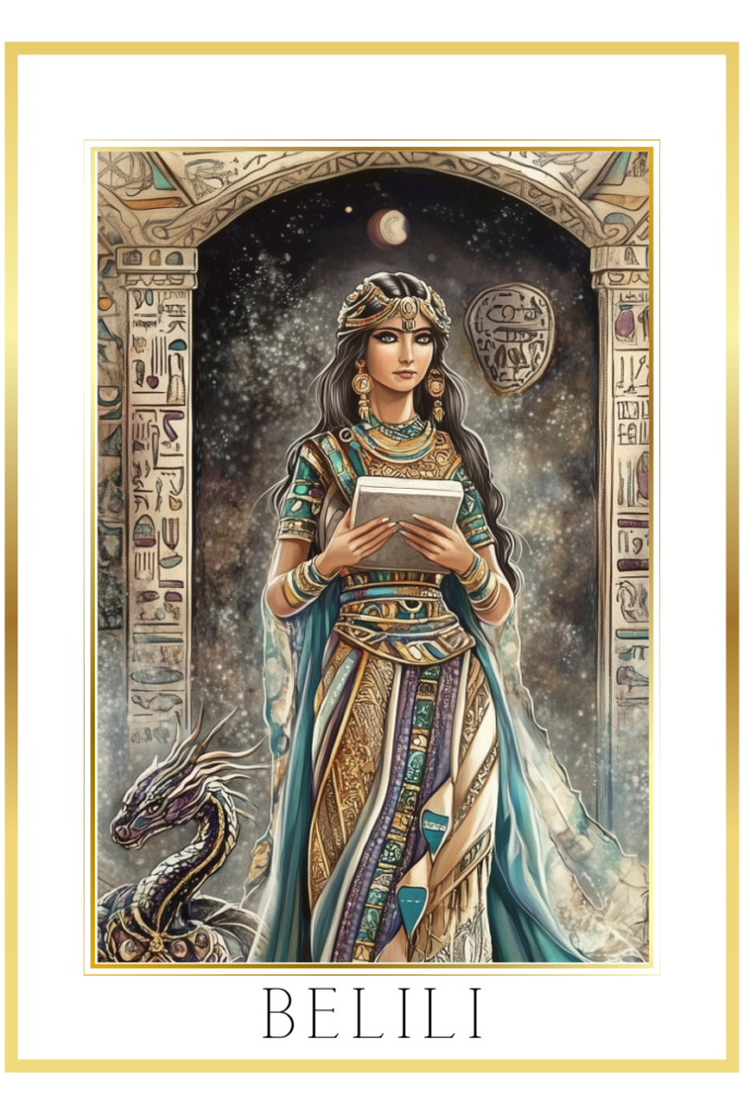 Belili, the underworld's scribe, standing with a stone tablet and a mushussu serpent-dragon beside her.