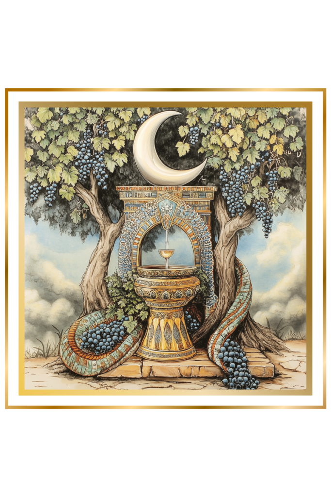 Crescent moon, spring-fed well, grapevines, and a coiled mushussu serpent representing Belili's symbolic elements.