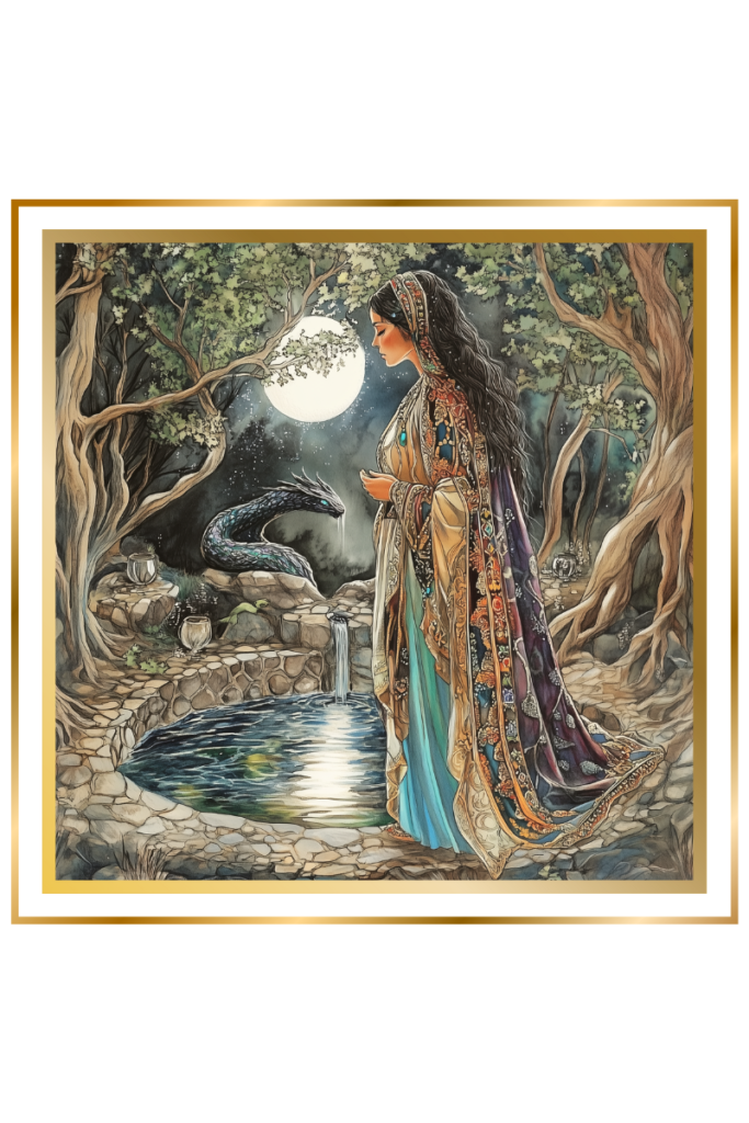 Belili mournfully gazing into a shimmering well in a moonlit grove, with a mushussu serpent-dragon nearby.