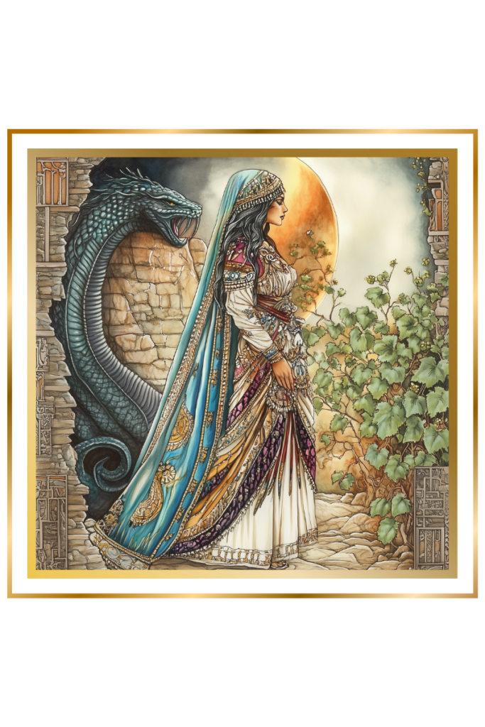 Belili stands between fertile grapevines and the dark underworld, with a coiled mushussu serpent-dragon beside her.