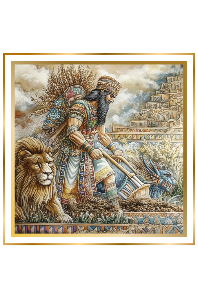 Emes, Sumerian god of agriculture, guiding a plow pulled by a lion and dragon-like creature through fertile fields.