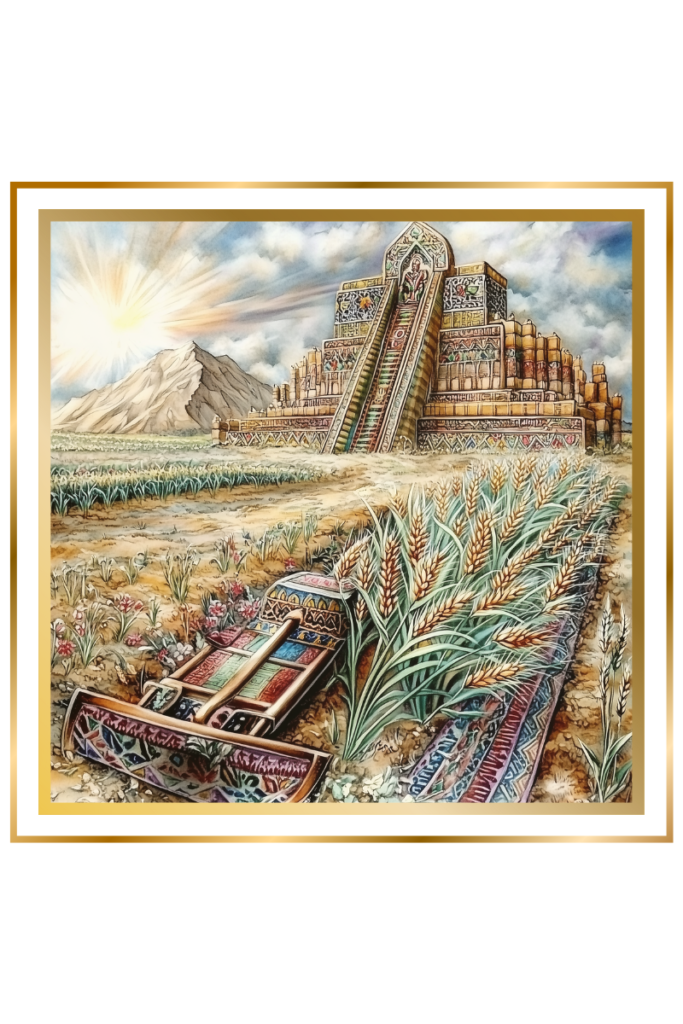 A plow in a fertile field with sprouting grain and a mountain in the background, symbolizing agricultural abundance.