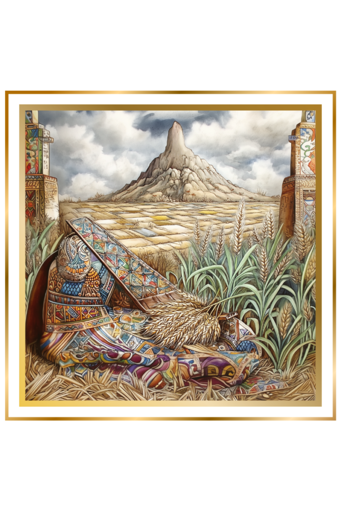 A decorative plow resting in a fertile field with sprouting grain, symbolizing agriculture and abundance, with a mountain in the background.