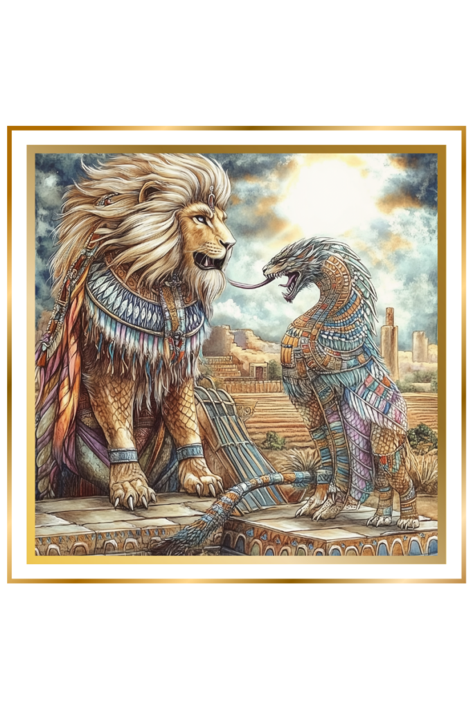 A lion and a dragon adorned in ornate garments stand symbolizing agricultural productivity and the essence of Emes, the Sumerian god of vegetation.