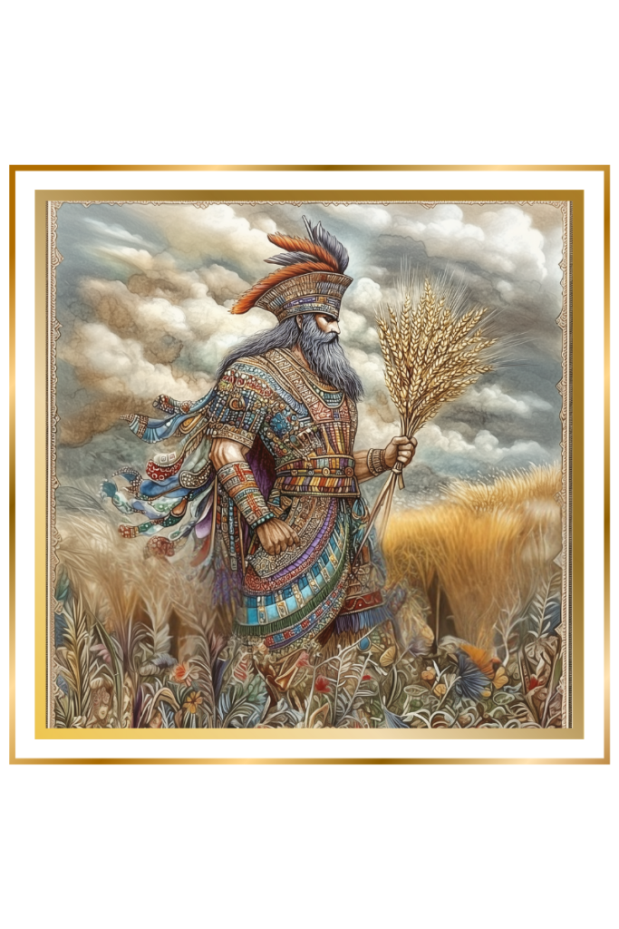 Majestic depiction of Enten, Sumerian fertility god, holding grain and surrounded by lush fields, symbolizing agriculture and winter's life-giving force.