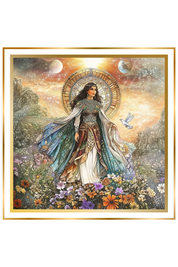 Inanna standing gracefully in a flowing cape, surrounded by blooming flowers with a dove, under a twilight sky with a glowing eight-pointed star and celestial bodies.