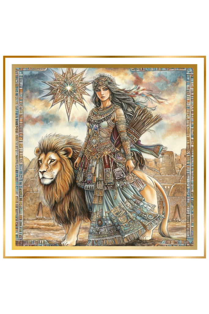 Inanna standing in ornate battle armor with a quiver and bow, accompanied by a majestic lion, under a glowing eight-pointed star against a dawn-to-dusk sky.