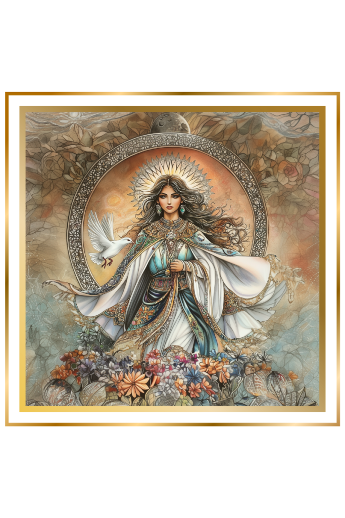 Inanna standing in a flowing cape with a glowing eight-pointed star above her, surrounded by blooming flowers and a dove, against a twilight sky.