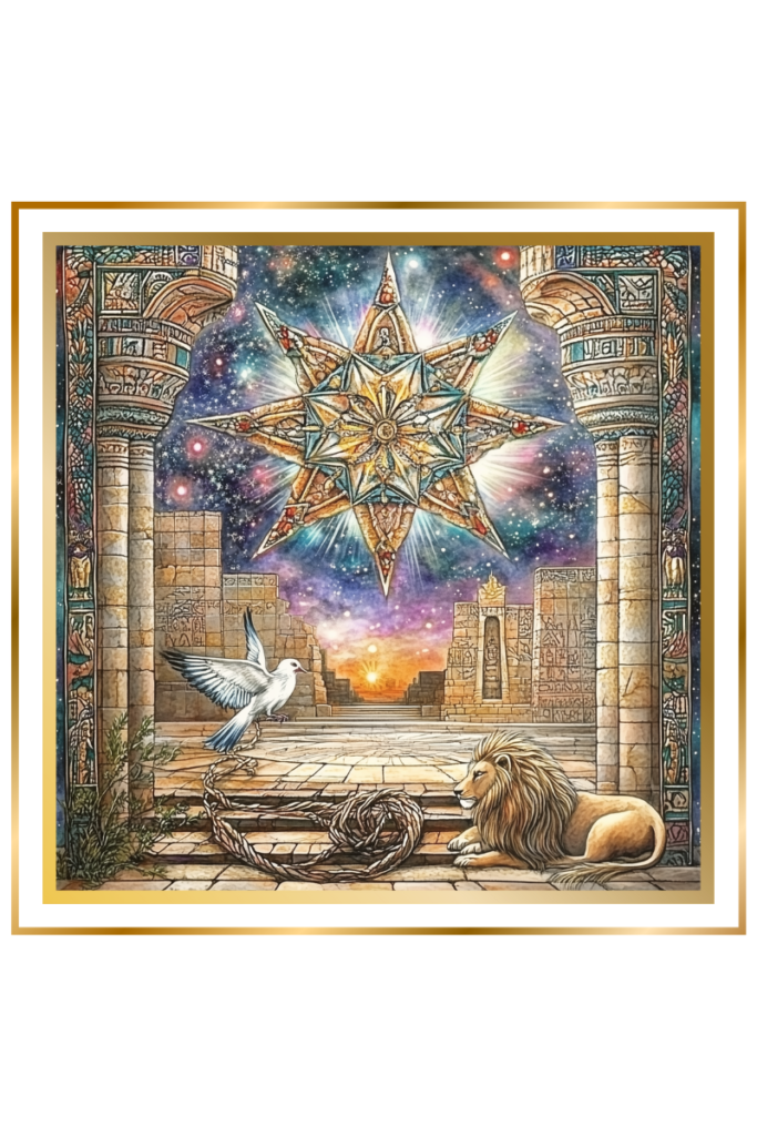 A glowing eight-pointed star against a twilight sky, with a dove on a twisted knot of reeds and a lion resting nearby, framed by ancient stone pillars.