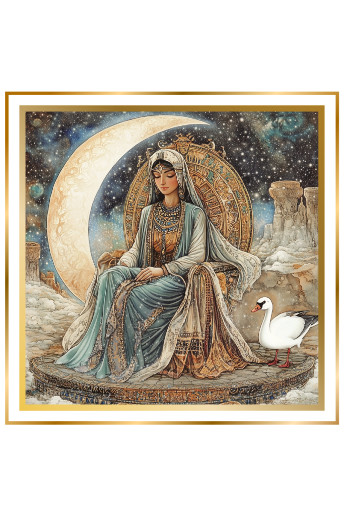 Illustration of Ningal seated on a celestial throne, adorned in ornate robes with a crescent moon glowing behind her, accompanied by a whooper swan in a starry, mystical landscape.