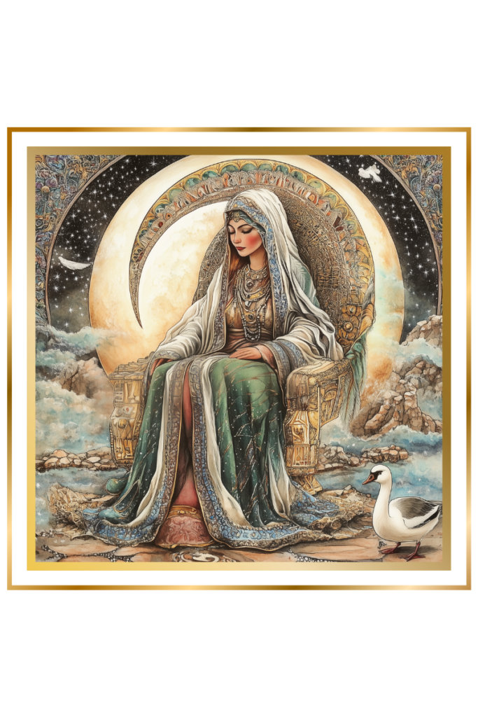 Ningal, the Sumerian goddess, seated on a celestial throne with intricate designs, illuminated by a crescent moon. A whooper swan perches beside her in a mystical, starry landscape with swirling mists.