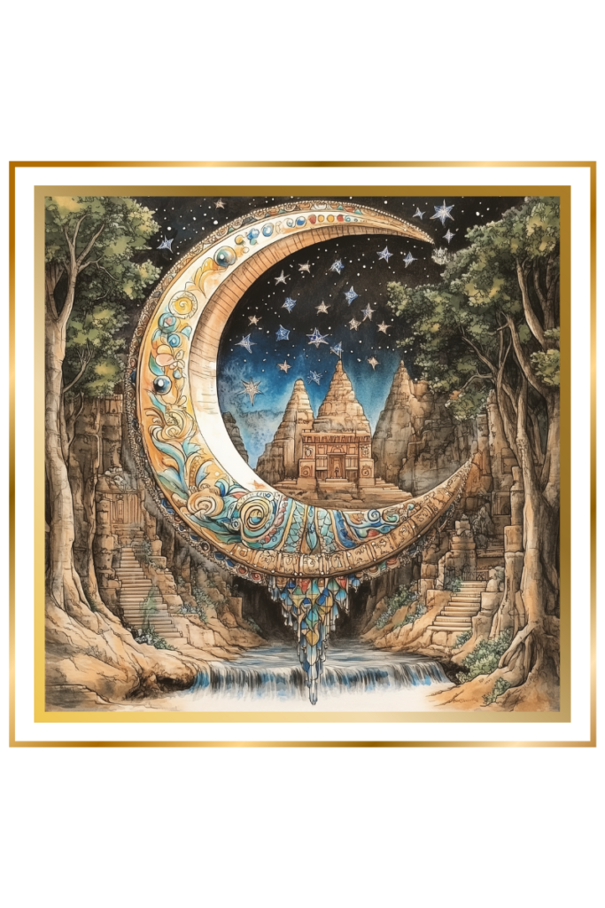 Ornate crescent moon with intricate patterns, surrounded by stars, hovering over a river flowing through ancient temple ruins. The scene is illuminated by a celestial glow, symbolizing Ningal's connection to the moon and nurturing nature.