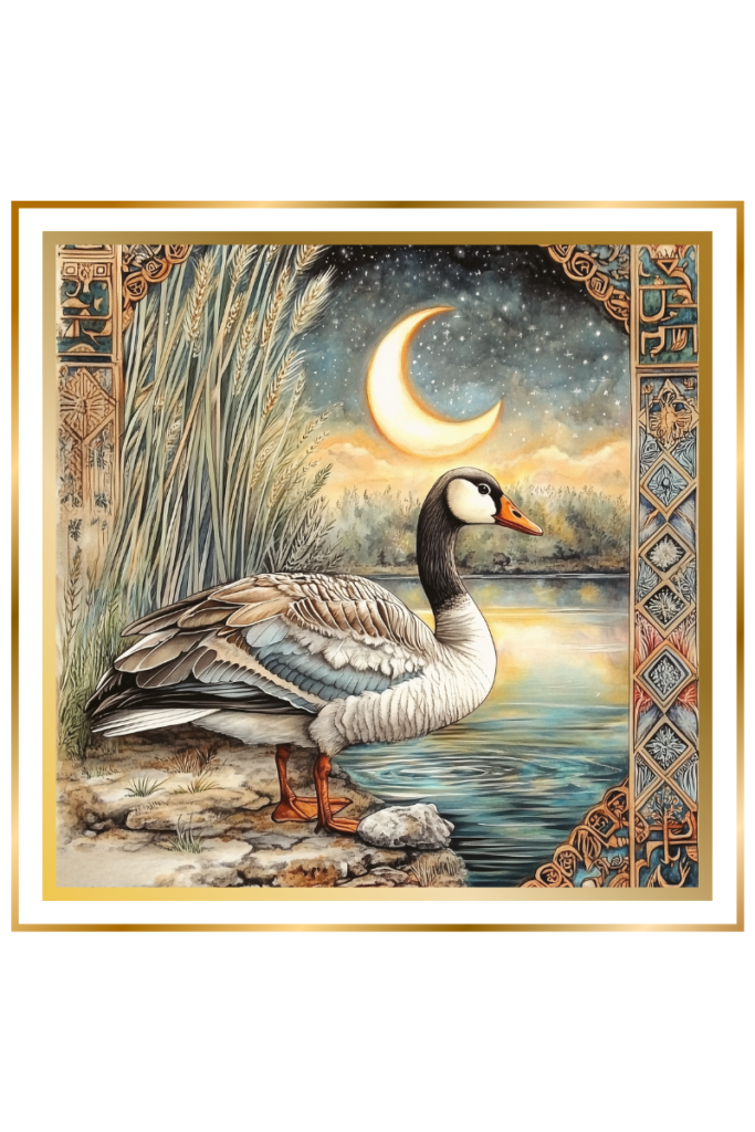 A greylag goose stands by the edge of a reflective pond under a crescent moonlit sky, surrounded by reeds and ancient Mesopotamian motifs carved into the rocks.