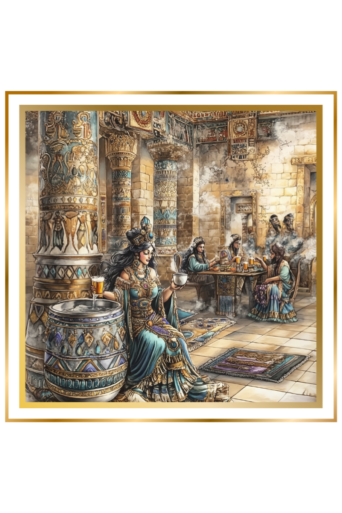 Ninkasi, the Sumerian goddess of beer, sits at a lavish Mesopotamian banquet, surrounded by guests. A silver fermenting vat and detailed carvings adorn the scene, evoking a festive, ancient atmosphere.