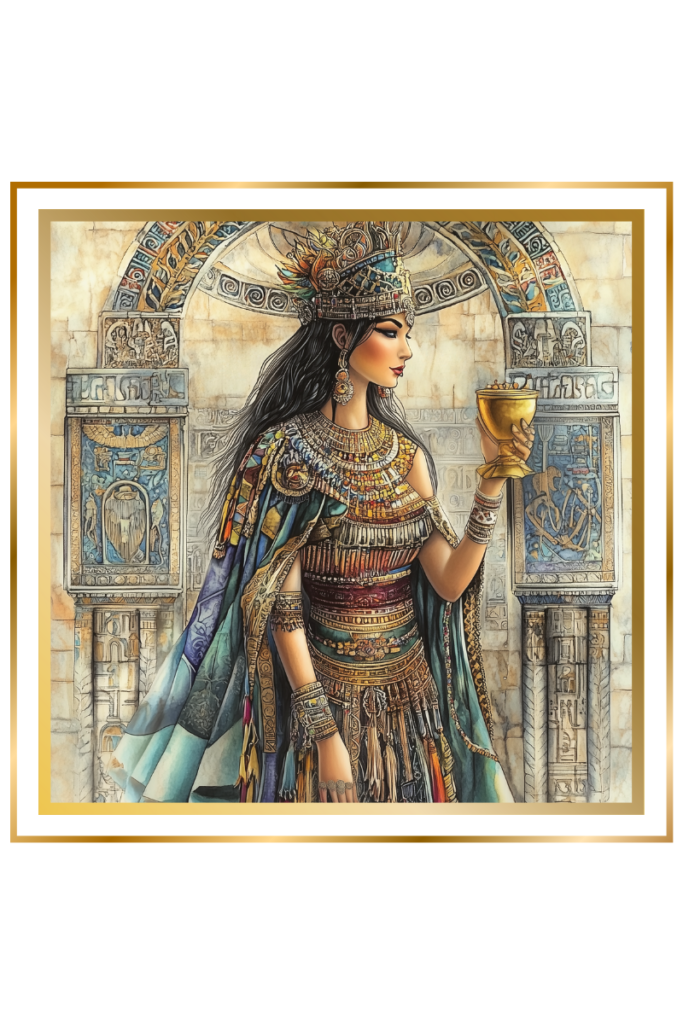 Ninkasi, the Sumerian goddess of beer, stands holding a golden cup, adorned in elaborate Mesopotamian attire with blue and gold details, against a temple-like backdrop with intricate carvings.