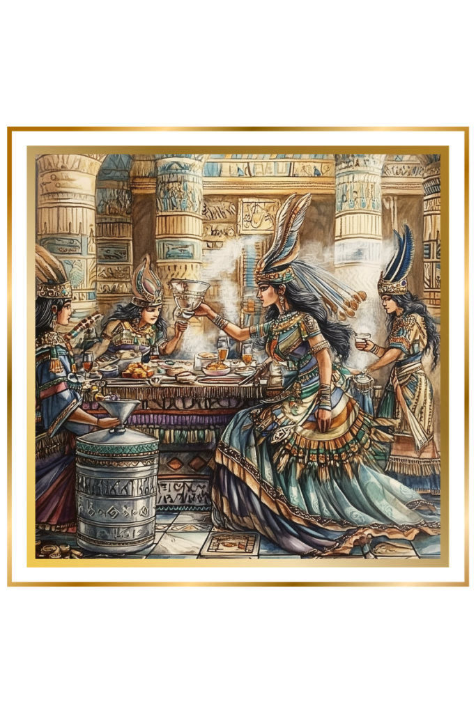 Ninkasi, the Sumerian goddess of beer, hosts an ancient Mesopotamian banquet surrounded by deities. She holds a silver cup, with a fermenting vat nearby, amid a richly decorated setting with intricate carvings and tapestries.