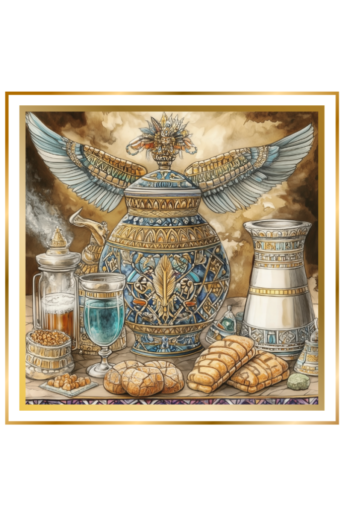 A collection of symbols representing Ninkasi, the Sumerian goddess of beer, featuring a lapis lazuli fermenting vat with gold accents, a silver and gold cask, loaves of bappir bread, and vessels filled with beer and ingredients.