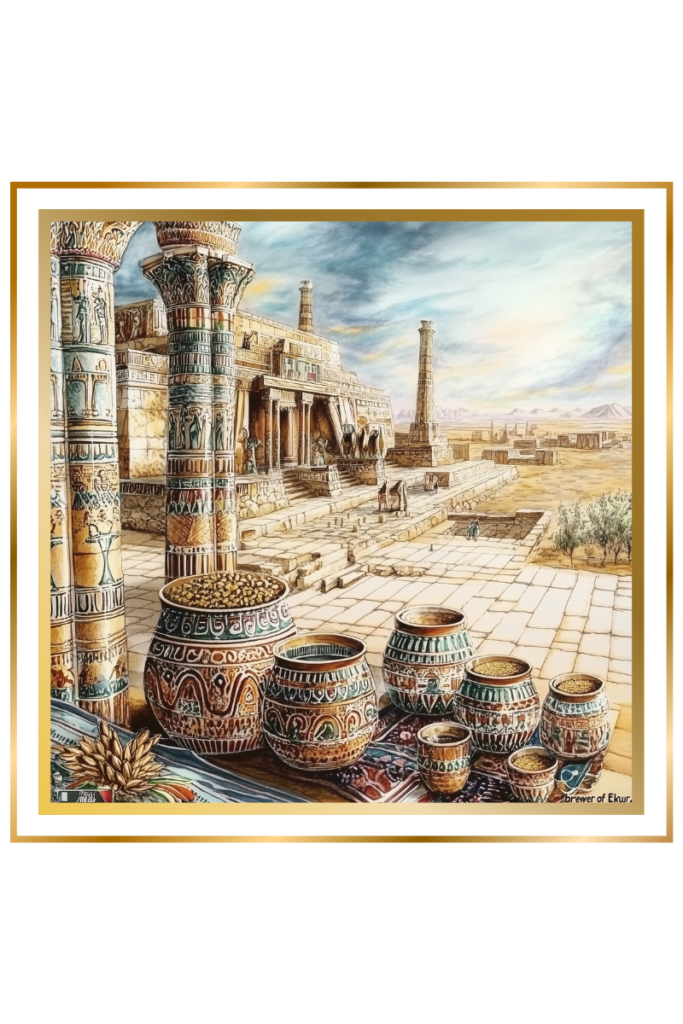 A serene depiction of the Ekur temple, a grand Sumerian complex, with stone pillars decorated with carvings of barley and beer symbols. In the foreground are ornate pottery jars on an offering altar, set against a desert cityscape.