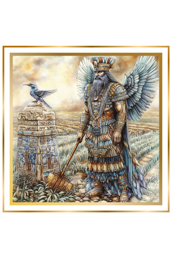 Ninurta, Mesopotamian god, stands solemnly in fertile fields, wearing ornate robes with warrior details, beside ancient boundary stones engraved with agricultural and bird symbols.