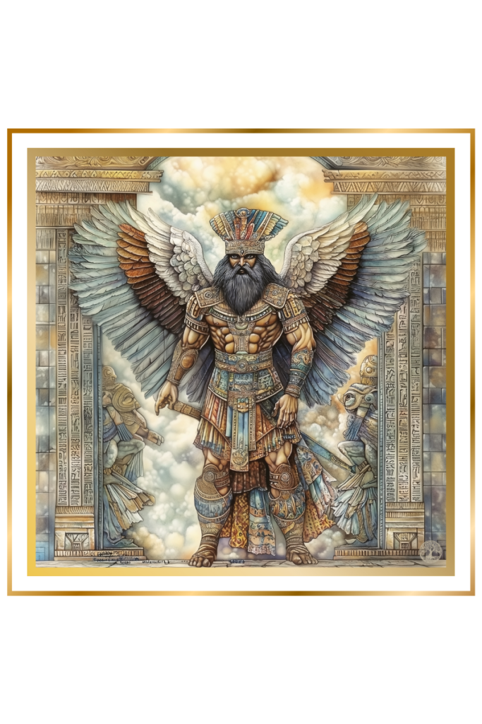 Ninurta Sumerian god and warrior , stands tall with large wings, wearing ornate ancient Sumerian armor, holding a mace, and surrounded by carved stone reliefs depicting his battle with the Anzû bird.