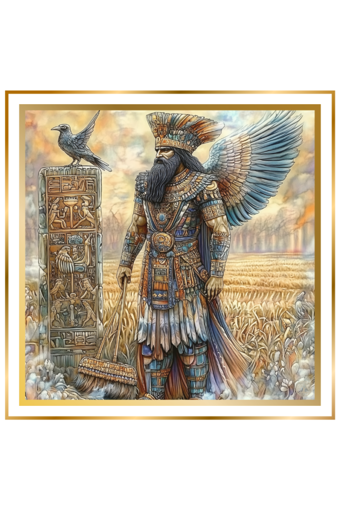 Ninurta, Mesopotamian god, in ornate robes with warrior details, stands in a fertile field next to ancient boundary stones engraved with agricultural symbols, with a bird perched nearby.