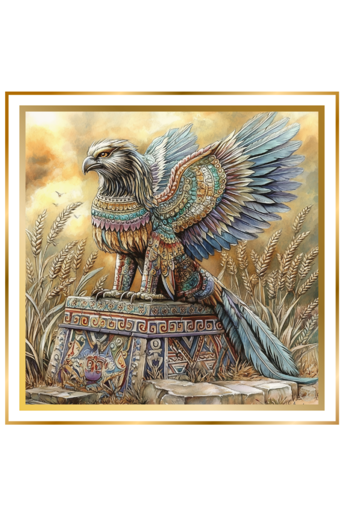 Anzû bird, a mythical lion-headed creature with ornate wings, stands on an intricately carved altar adorned with symbols of Ninurta, surrounded by barley fields at dawn.