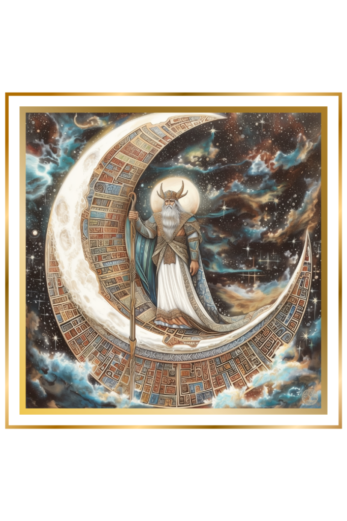 Nanna, the Sumerian moon god, standing in a grand crescent-shaped celestial barge, gliding through a starry night sky.