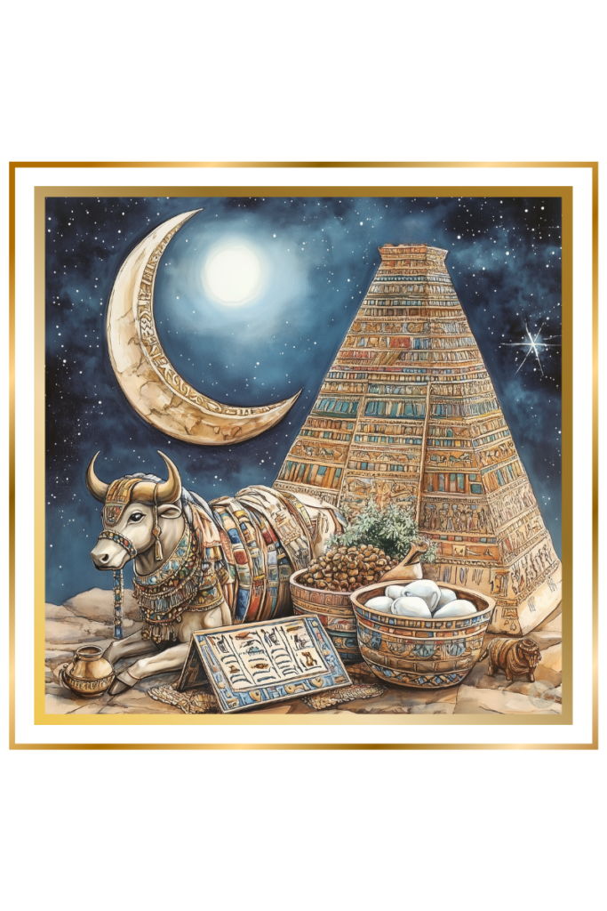 Symbols of Nanna, Mesopotamian moon god, including a crescent moon, sacred bull, dairy offerings, and the ziggurat of Ur under a starlit sky.