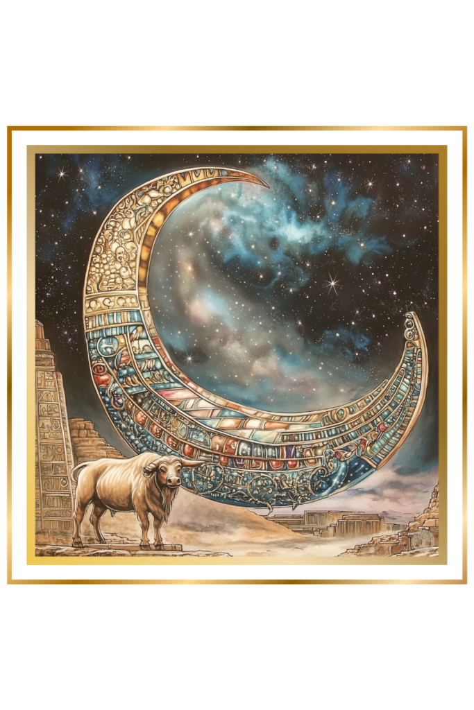 Crescent-shaped celestial barge of Nanna, Mesopotamian moon god, with a majestic bull and starry cosmic background.