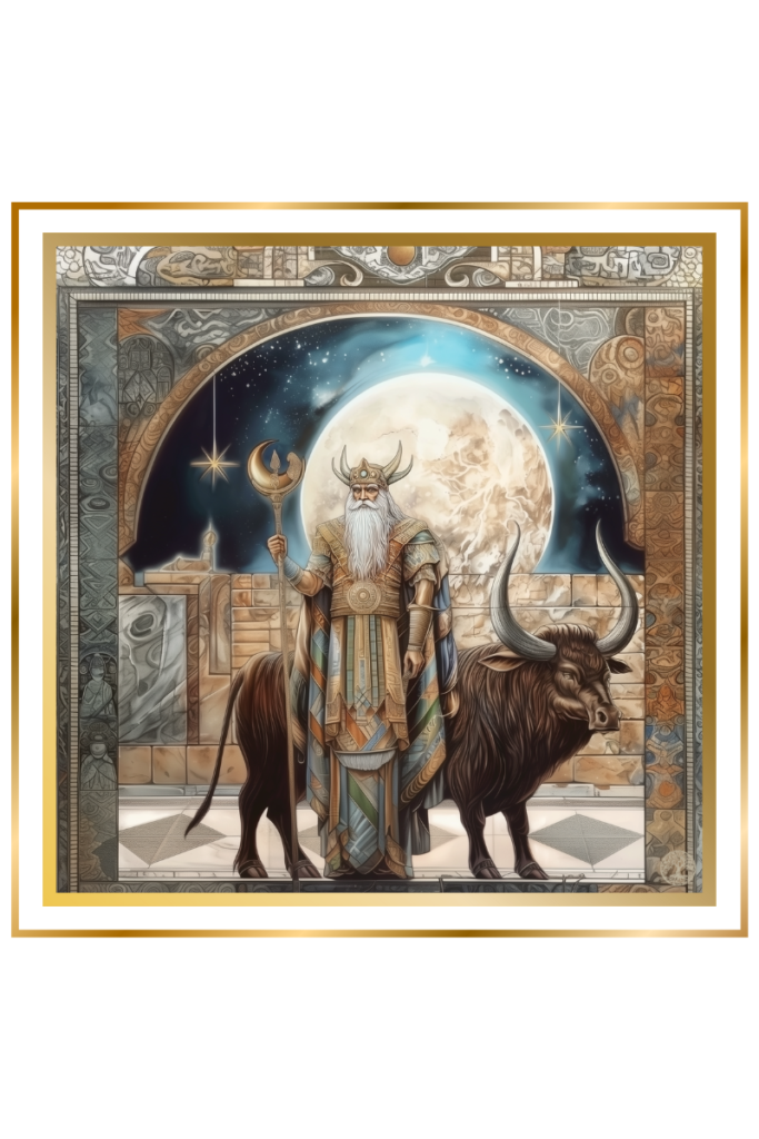 Nanna, the Mesopotamian moon god, stands in his temple with a majestic bull and a full moon glowing in the background.