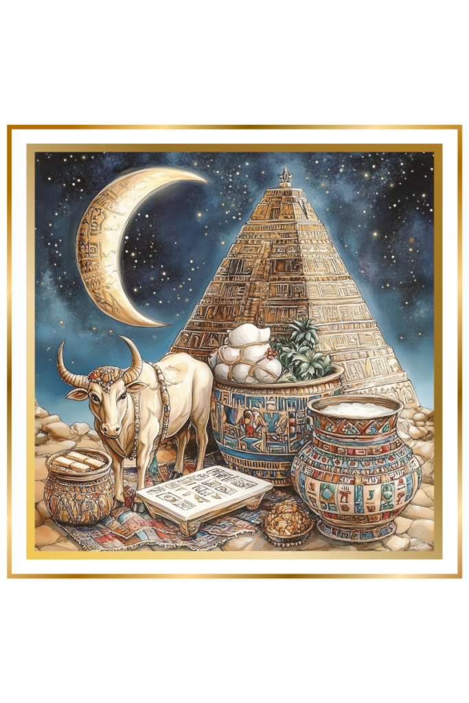 Still life of symbols representing Nanna, the Mesopotamian moon god, featuring a crescent moon, sacred bull, dairy offerings, and the ziggurat of Ur under a starlit sky.