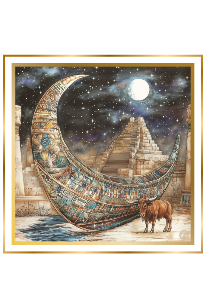 Celestial barge of Nanna, Mesopotamian moon god, with a sacred bull and temple in the background under a starlit sky.