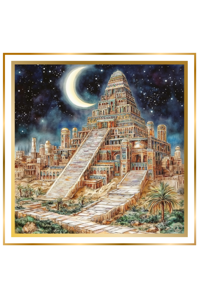 Grand ziggurat of Ur under a crescent moon, symbolizing the realms of Nanna, the Mesopotamian moon god, with a mystical night sky.