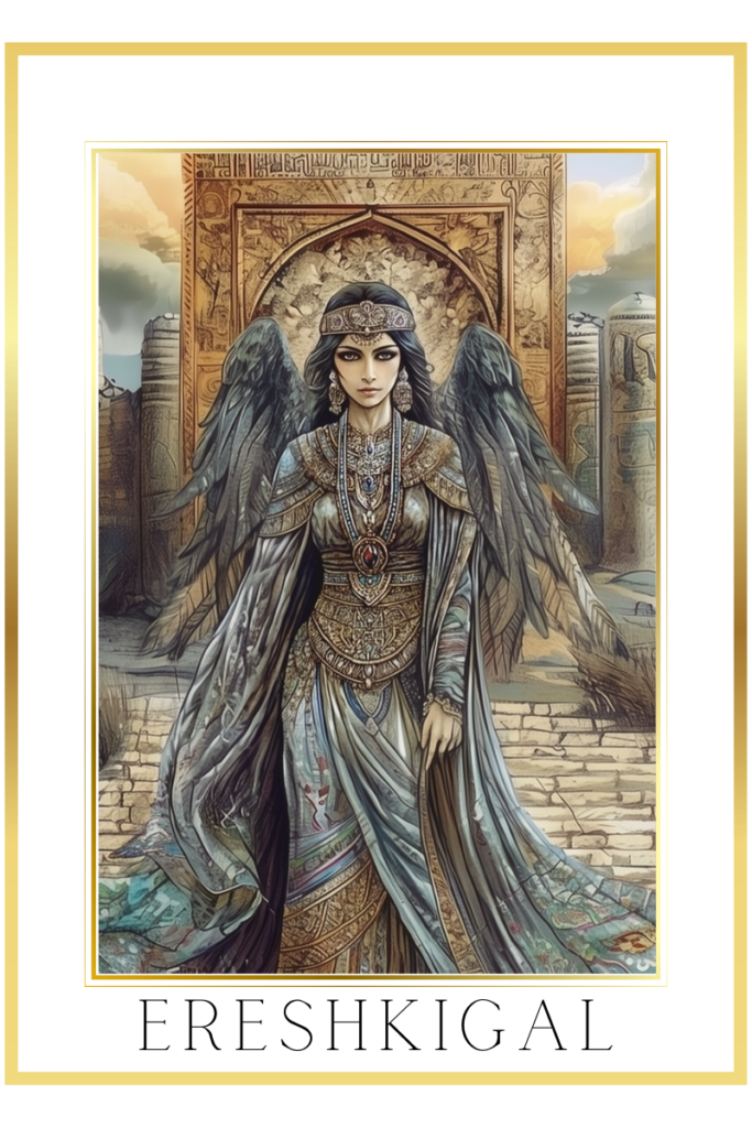 Majestic depiction of Ereshkigal, Queen of the Mesopotamian underworld, adorned in regal attire with dark wings, standing before a portal to the underworld.