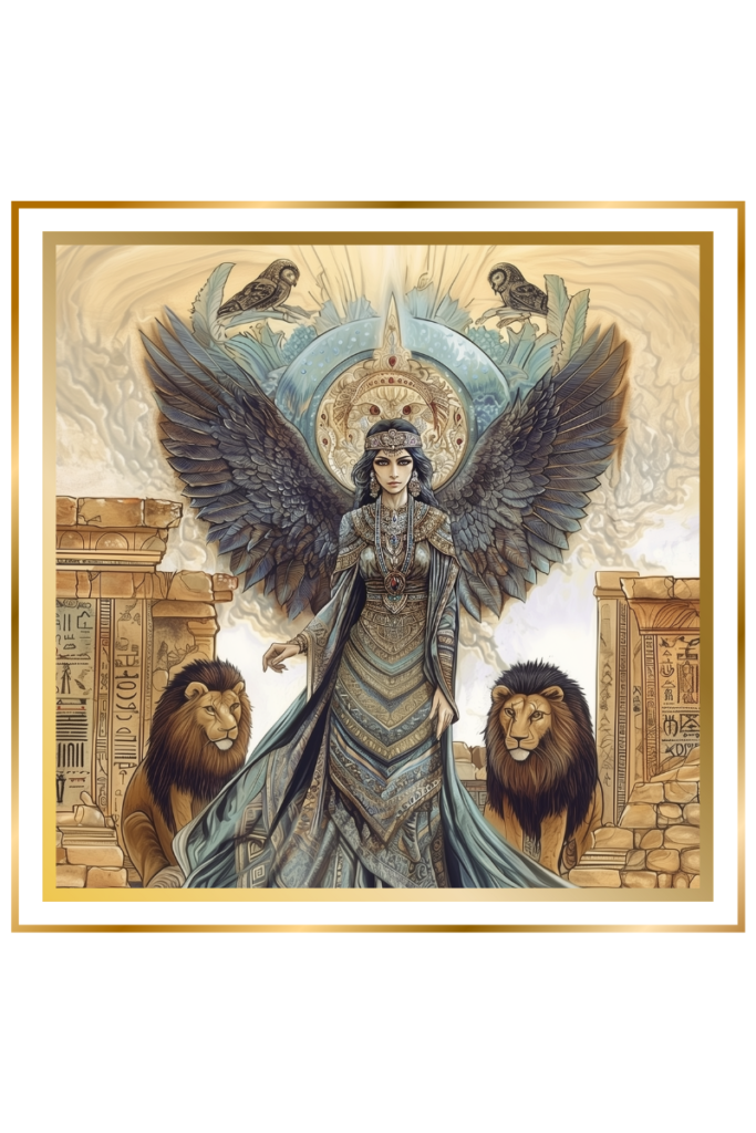 Ereshkigal, Queen of the Dead, standing before an ancient portal with dark wings, flanked by lions and owls.